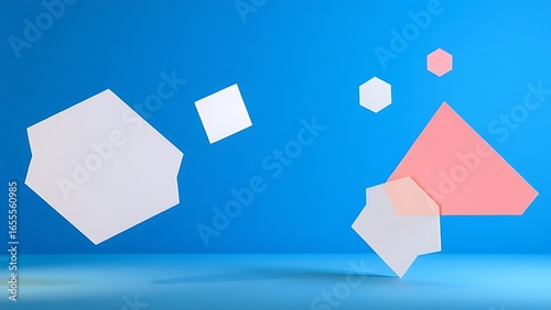 Abstract geometric shapes float against a gradient blue background, creating a modern and minimalist business concept.