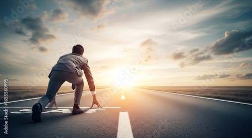 Man in starting position on a road at sunrise, ready to run