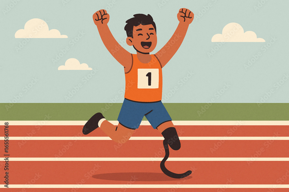 Obraz premium Flat cartoon amputee sprinter celebrating with arms raised vector illustration