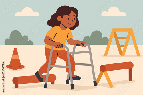 Flat animated girl using walker in obstacle course vector illustration