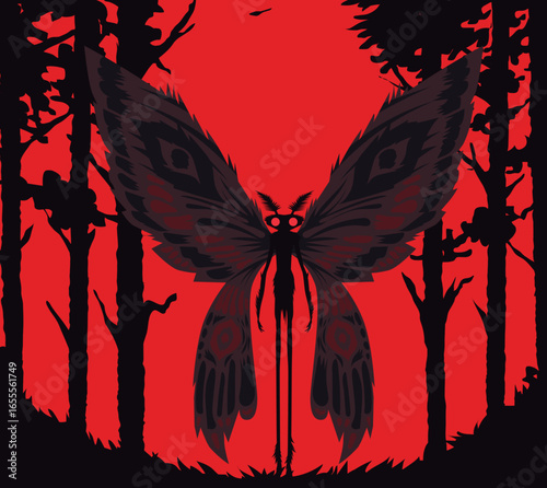 spooky creepy mothman in red forest