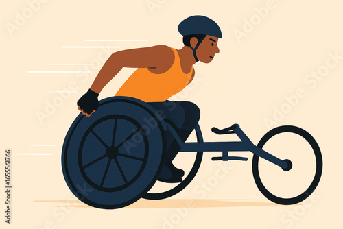 Flat animated wheelchair racer with dynamic motion lines vector illustration