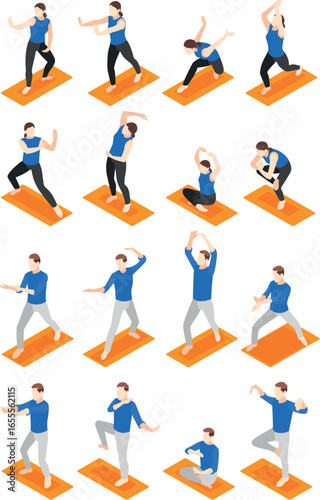 Isometric Illustration: Diverse Men and Women Performing a Series of Yoga and Tai Chi Exercises on Orange Mats.
