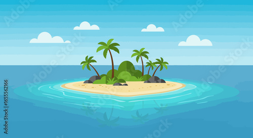 A tropical island with sand palm trees and rocks surrounded by turquoise water under a blue sky with scattered clouds