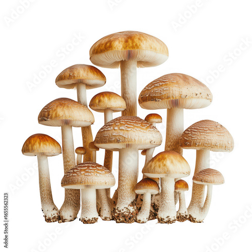 A cluster of edible wild mushrooms with brown caps and white stems isolated on transparent background