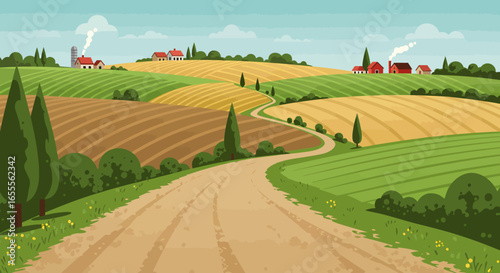 A vibrant countryside scene with rolling hills fields and farmhouses under a blue sky
