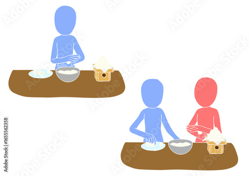 月見だんごを作る人2種　版画