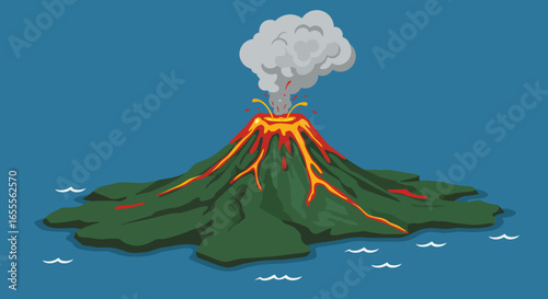 A volcano on an island erupts with lava flowing down green slopes into the ocean