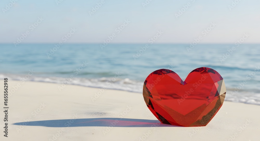 Fototapeta premium A red crystal heart sitting on a white sand beach with the ocean and sky in the background on a sunny day