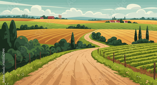 A winding dirt road traverses a rural landscape of cultivated fields