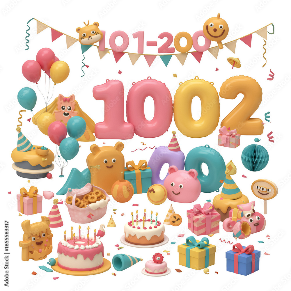 Obraz premium Colorful Balloon Decorations Including Large Numbers and Cakes for a Birthday Celebration