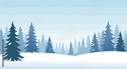 A winter scene featuring stylized blue trees on snowcovered hills against a hazy layered sky