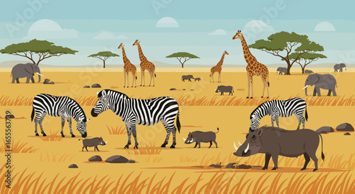 African savanna scene with zebras giraffes elephants and warthogs under a partly cloudy sky