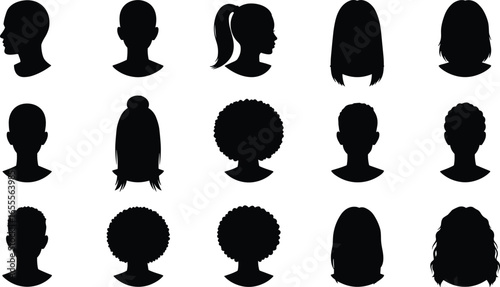 Silhouette profile icons of diverse male and female heads with various hairstyles, avatar design, vector illustration, black isolated graphic