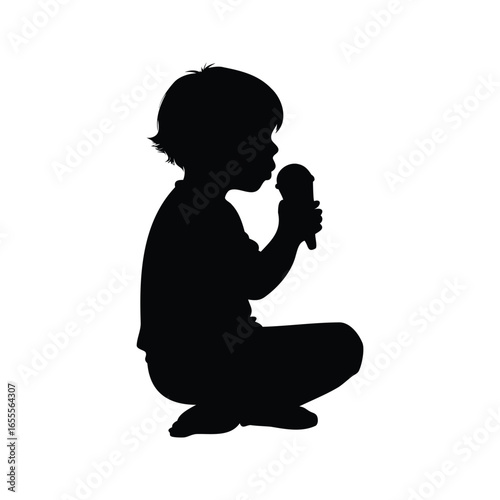 Silhouette of a young child sitting and enjoying a delicious ice cream cone, boy eating ice cream silhouette vector illustration