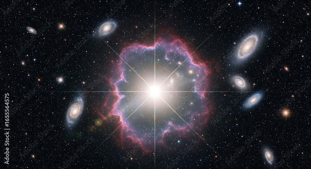Obraz premium Cosmic Symphony: A Bright Star Illuminates Surrounding Galaxies and Nebula in Deep Space
