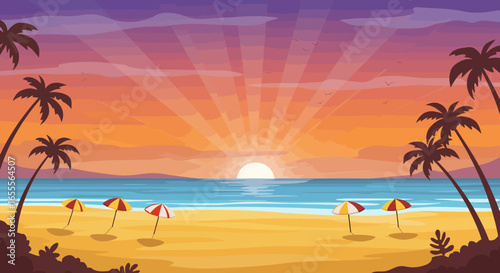 Beach sunset with palm trees and colorful umbrellas on the sandy shore