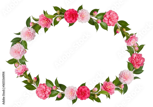 Oval floral wreath with pink camellia flowers isolated on transparent background