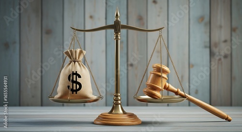 Justice scales with money bag and gavel on wooden background