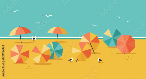 Cartoon beach scene umbrellas gulls sand