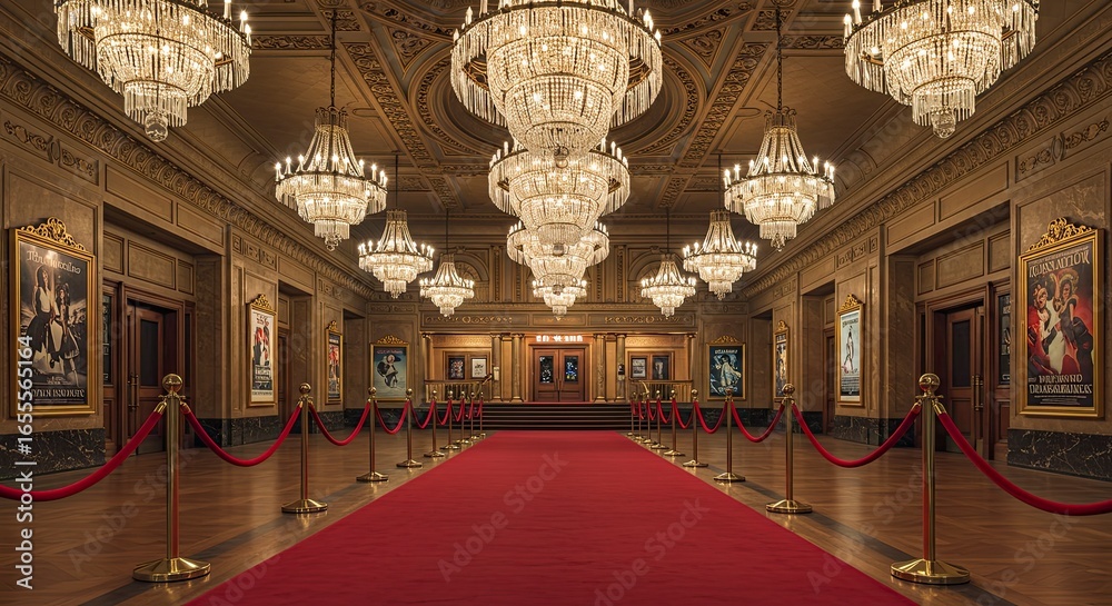 Obraz premium Opulent Theater Lobby with Red Carpet, Crystal Chandeliers, and Vintage Movie Posters