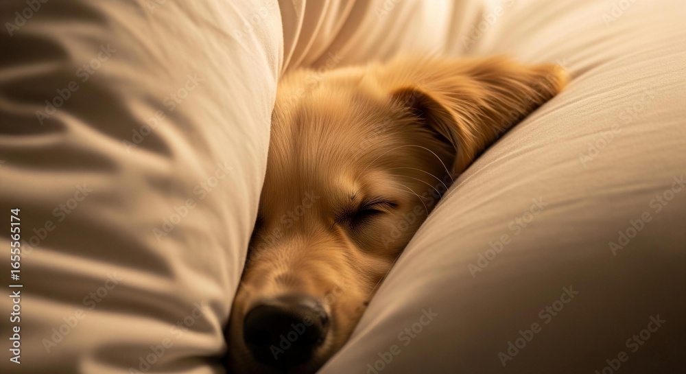 Obraz premium A Safe Haven: A close-up of a puppy burying its nose where the duvet meets the pillow, seeking the ultimate sense of security.