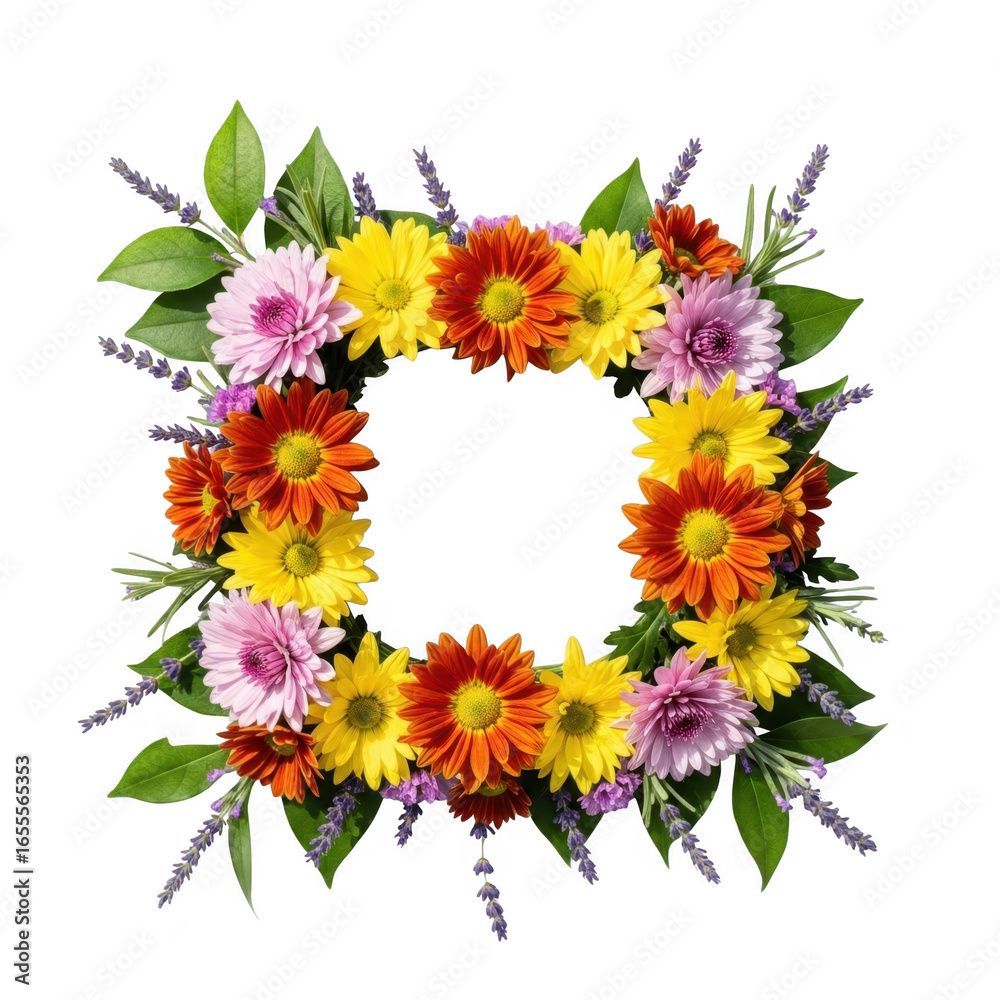 Fototapeta premium Square floral wreath with colorful daisies and lavender isolated on transparent background