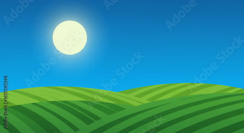 Cartoon countryside scene with green fields under a blue sky and a radiant sun