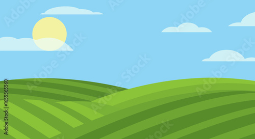 Cartoon illustration of rolling green hills beneath a blue sky with clouds and a bright sun