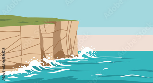 Cliffside scene with ocean waves crashing against the rocks