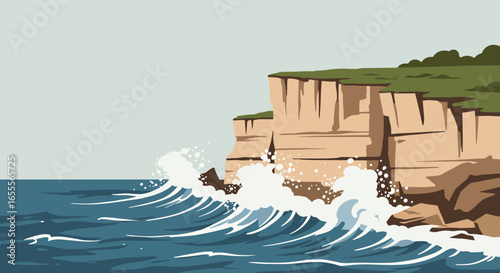 Cliffside scene with crashing waves rocks  greenery atop beige cliffs under a pale sky