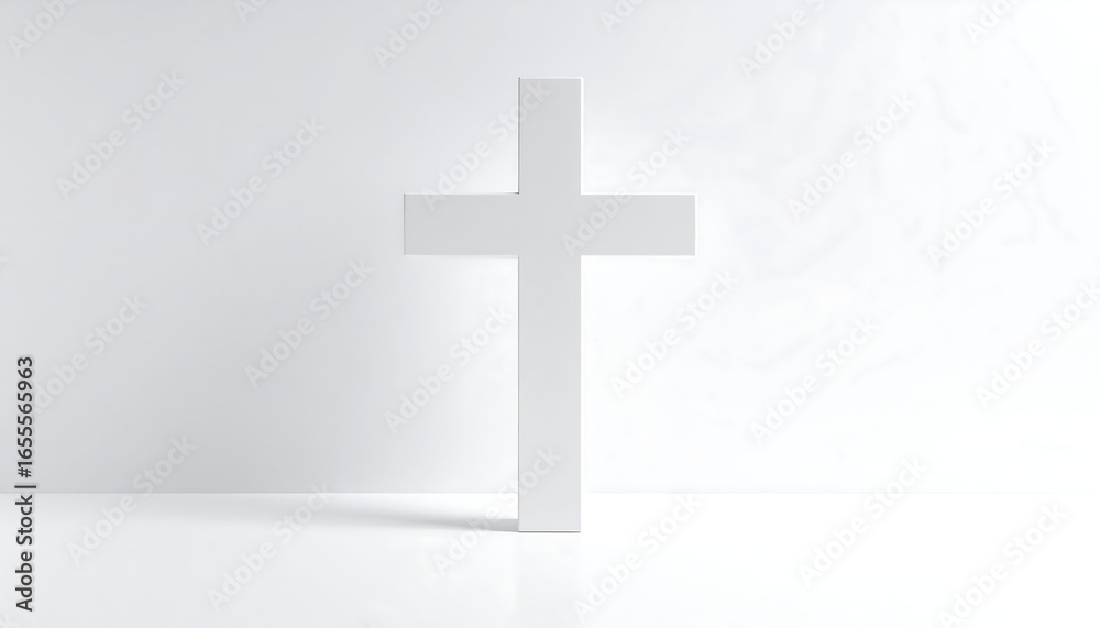 Naklejka premium Simple white cross standing on a white reflective surface against a white wall