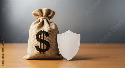 Money bag with dollar sign protected by a shield, symbolizing financial security