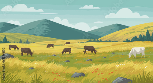 Cows graze in a meadow amidst green and yellow grasses rocks and mountains under a cloudy sky