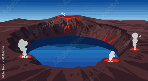 Crater lake with lava flows  steam vents amidst a dark pixelated volcanic landscape under a blue sky
