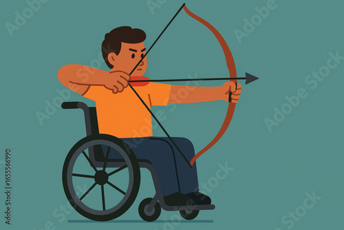 Flat animated para-archer pulling bow vector illustration