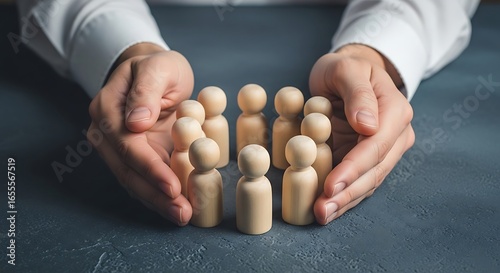 Hands protecting a group of wooden people figures, symbolizing care and support