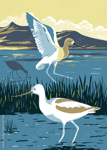 WPA poster art of American Avocet in the Great Salt Lake located in Salt Lake City, Utah United States USA done in works project administration or Art Deco style.
