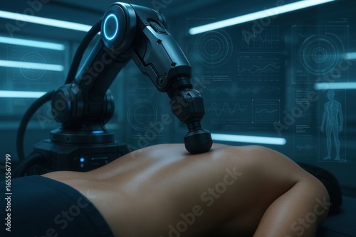 A futuristic robotic arm providing advanced therapy to a human, symbolizing innovation in healthcare and automation technology in a modern clinical setting.