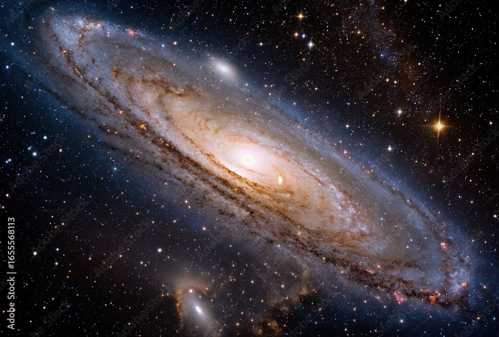 Fototapeta premium This image is an artistic and colorful rendering of the Andromeda galaxy, a massive spiral galaxy and the nearest major galaxy to the Milky Way.