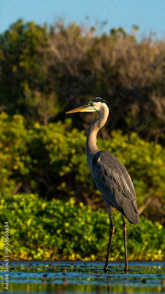 Fototapeta premium Gray heron standing in shallow water, lush green foliage in background