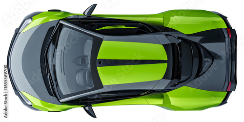 Green sports car isolated on transparent background, top view