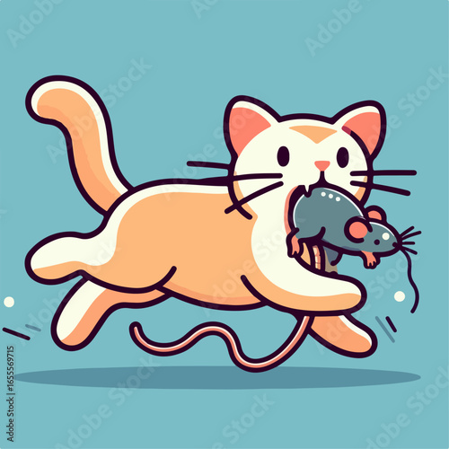 flat illustration of a cat eating and catching a mouse