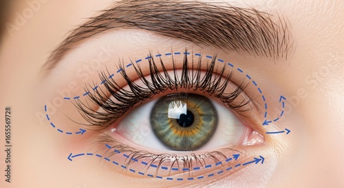 Close-up Human Eye with Cosmetic Surgery Markings for Eyelid Lift