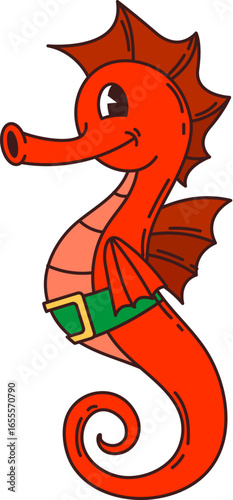 Cartoon funny seahorse animal pirate and corsair character with a green belt and smile, seeking treasures and adventure on sea bottom. Isolated vector plucky hippocampus underwater captain personage