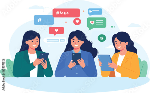 Illustration of a group of women using smartphones for social media, surrounded by network icons and a fake news hashtag concept.