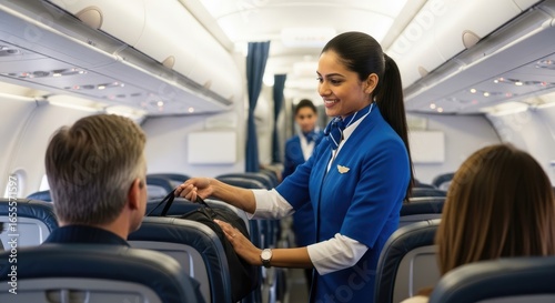 A flight attendant assisting a passenger with their luggage on an airplane.