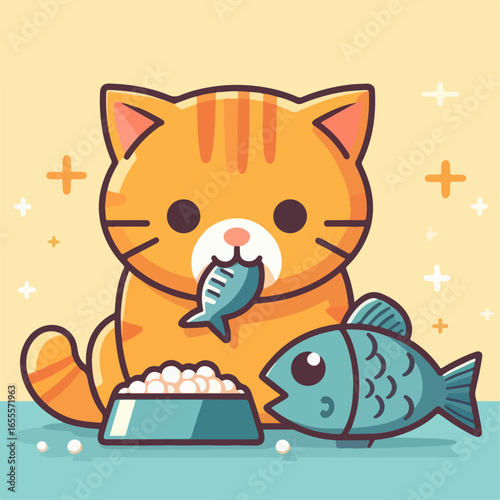 flat illustration of a cat eating fish