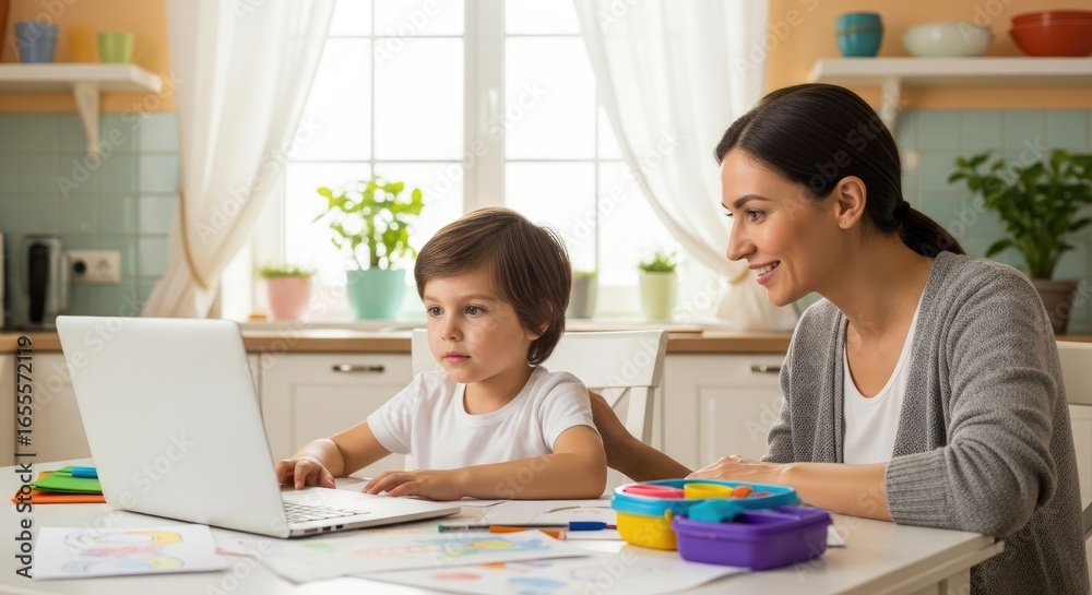 A woman and a child using a laptop in a kitchen. A woman and a child using a laptop in a kitchen.