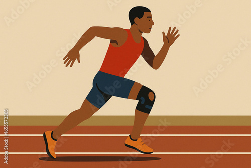 Flat animated track athlete wearing knee brace vector illustration